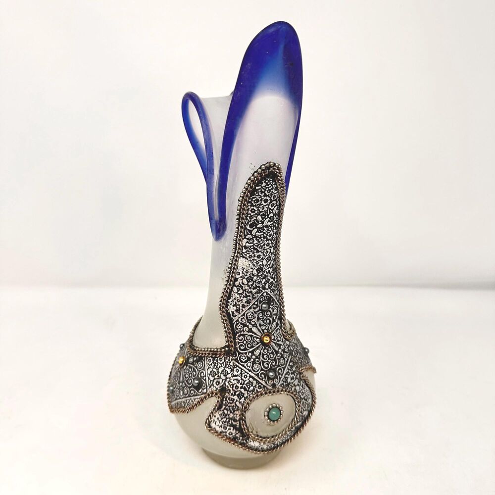 Vintage Moroccan Art Glass Vase Cobalt Blue Ruffled Hand Blown Metal Overlay Boh